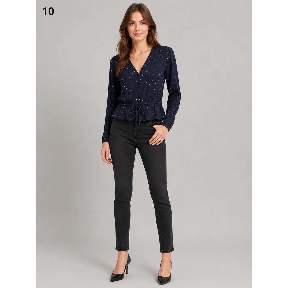 Rails Dark Academia Top Womens XS Black Rayon Polka Dot Button Front Tie